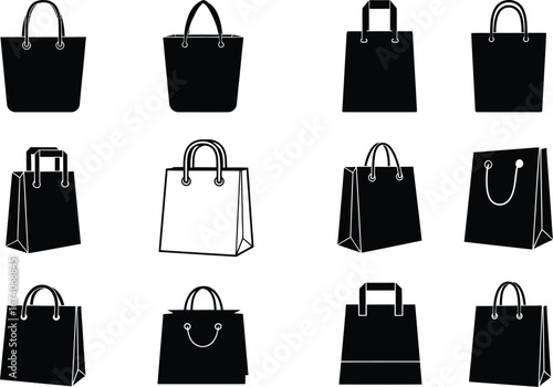 Collection of twelve diverse black and white shopping bags showcasing various styles and designs for retail and consumerism