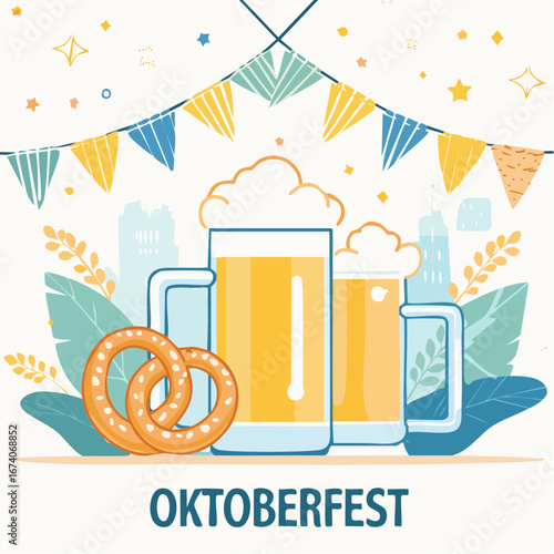 Oktoberfest celebration: beer steins, pretzels, and festive bunting.