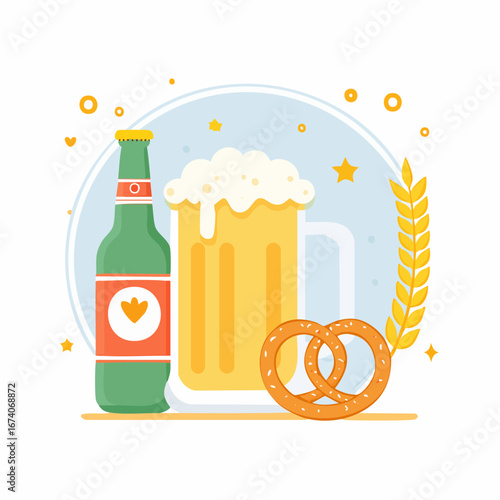 A refreshing beer mug, bottle, pretzels, and wheat stalks celebrate a festive occasion.