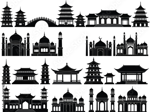 Collection of diverse asian architectural silhouettes including pagodas temples mosques and a buddha statue against a white background