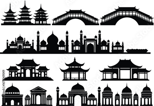 Collection of diverse asian architectural silhouettes including pagodas temples bridges mosques and buddha statue against a white background