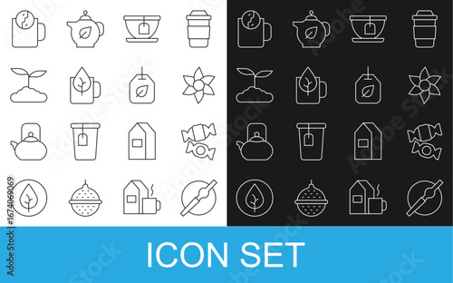 Set line Cigarette, Candy, Flower, Cup with tea bag, of leaf, Tea, time and icon. Vector