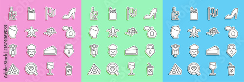Set line Coffee cup to go, Castle in the shape heart, Perfume, Flag France, Fleur De Lys, French man, Wine bottle with glass and Village landscape icon. Vector