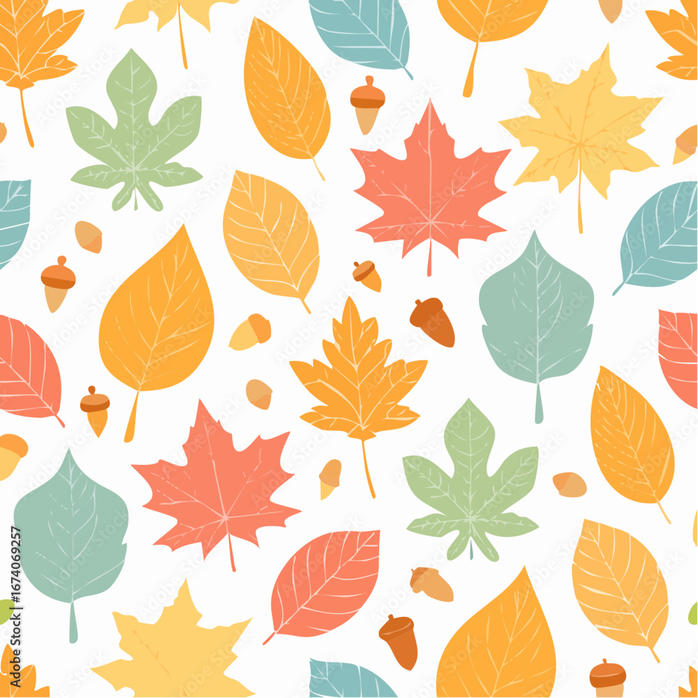 Fototapeta premium A decorative seamless pattern featuring colorful autumn leaves and acorns in a flat design style.