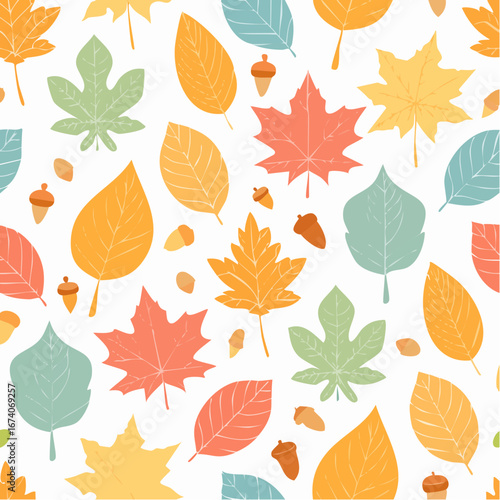 A decorative seamless pattern featuring colorful autumn leaves and acorns in a flat design style.