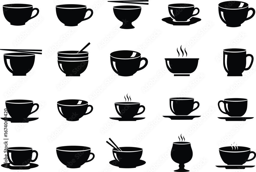Fototapeta premium Collection of twenty black and white silhouette illustrations of various coffee cups and mugs with saucers and spoons