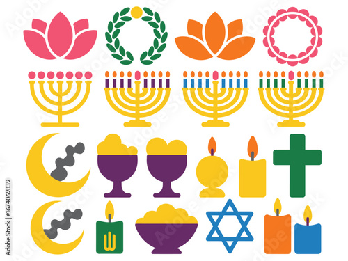 Enhance your designs with detailed icons of religious and spiritual symbols. Includes Christianity, Islam, Buddhism, Hinduism, Judaism, and more in flat vector style.