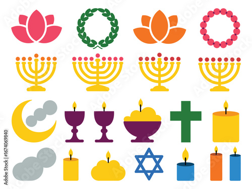 Explore a diverse icon collection showing symbols from major world religions and spiritual systems. Great for infographics, presentations, or cultural content creation.