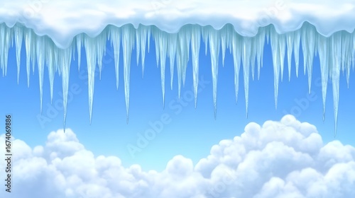 Stunning Icicles Hanging Against Blue Sky and Clouds Background