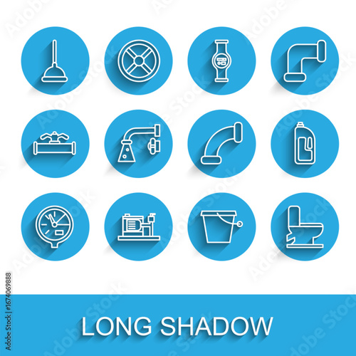 Set line Water meter, Electric water pump, Rubber plunger, Bucket, Toilet bowl, tap, Container with drain cleaner and Industry metallic pipe icon. Vector