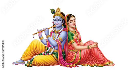 Krishna and Radha share a joyful moment sitting back-to-back on a white background, embodying love and relaxation