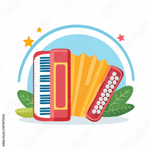 A colorful illustration of a red accordion with a keyboard and bellows, surrounded by decorative elements.