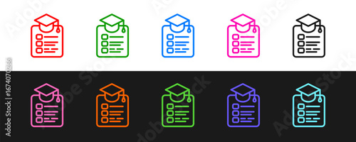 Set line Online education and graduation icon isolated on black and white background. Online teacher on monitor. Webinar and video seminar learning. Vector