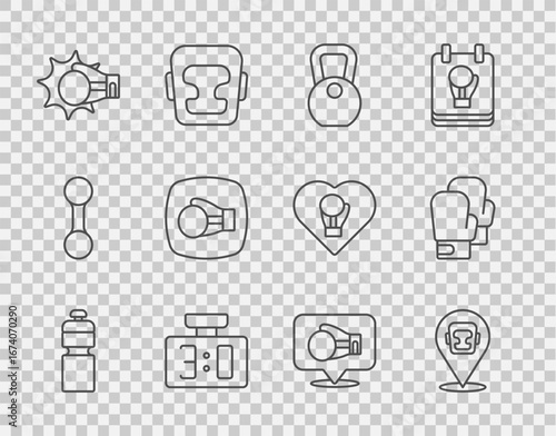 Set line Fitness shaker, Boxing helmet, Weight, Sport mechanical scoreboard, Punch boxing glove, and icon. Vector