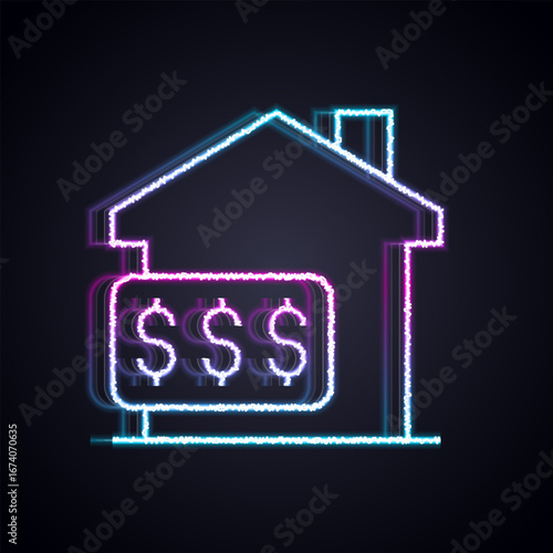 Glowing neon line House with dollar symbol icon isolated on black background. Home and money. Real estate concept. Vector