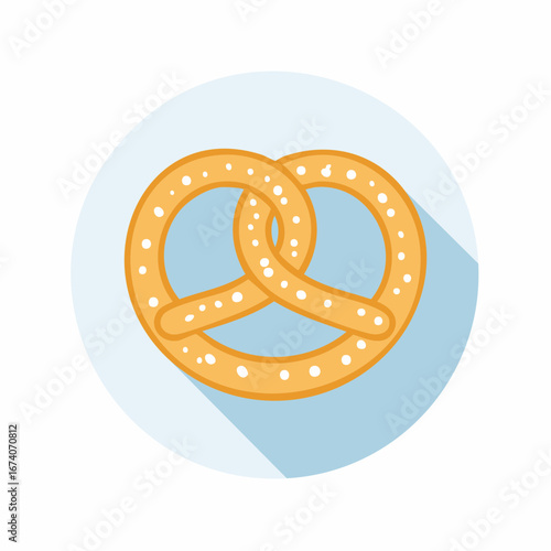 A minimalist flat design illustration of a golden-brown salted pretzel within a light blue circular badge, featuring a long shadow.