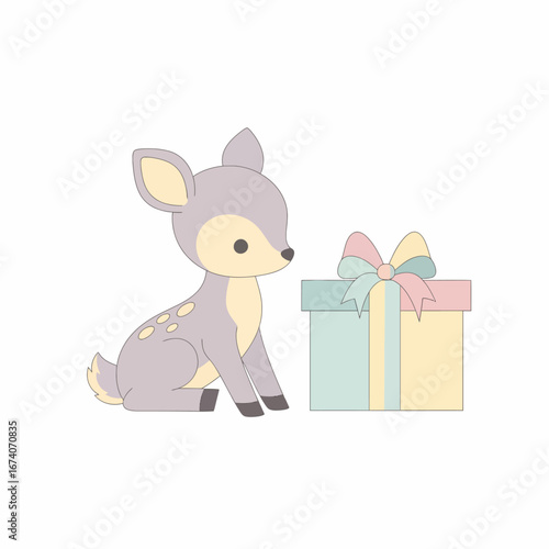 Adorable Pastel-Colored Fawn Sitting Beside a Gift Box.