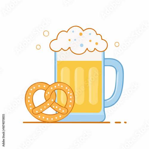 Illustration of a beer mug filled with foamy beer and a pretzel, depicted in a flat, cartoon style on a white background.
