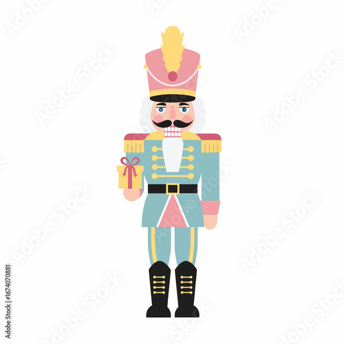Illustrated Christmas Nutcracker Soldier in a Blue and Pink Uniform Holding a Gift.