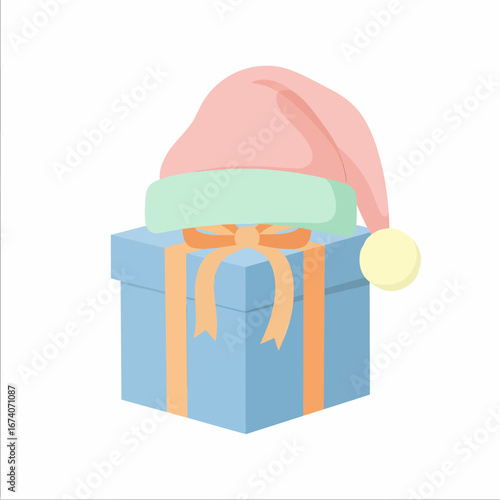 Festive Blue Gift Box with Santa Hat, Orange Ribbon, and Yellow Pom-Pom.