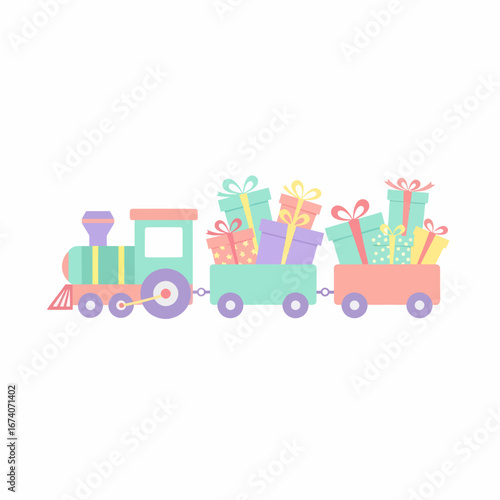 Pastel-Colored Toy Train Carrying Gift Boxes.