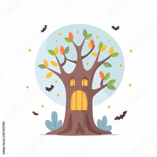 Spooky autumn tree house with colorful leaves and bats.