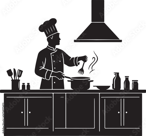 Chef cooking in kitchen with pots and utensils food