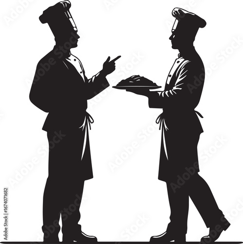 Two chefs in silhouette one pointing the other holding a platter