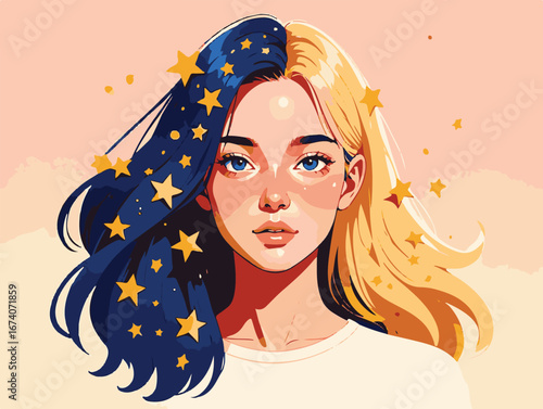 Woman with half dark blue and half blonde hair adorned with stars