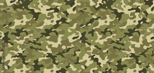 Abstract seamless camouflage pattern featuring muted greens, browns, and grays,  geometric,  digital