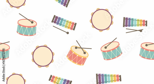 Colorful cartoon musical instruments pattern, featuring drums with sticks and rainbow xylophones.