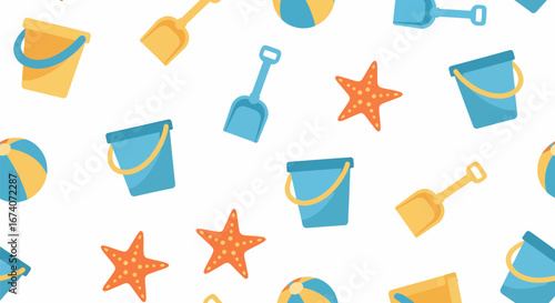 Cheerful Beach Toys - Buckets, Shovels, Starfish, and Balls.