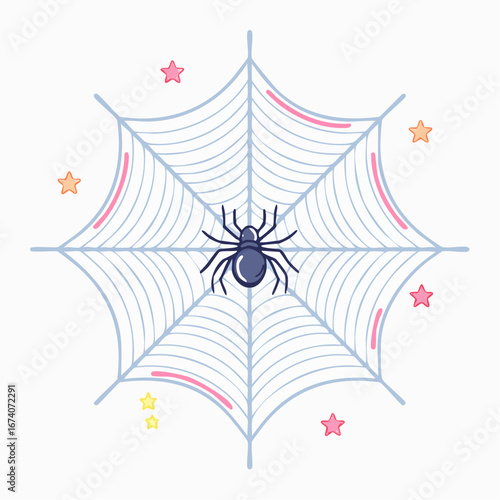 A stylized illustration of a spider centered on its intricate web, surrounded by decorative stars.