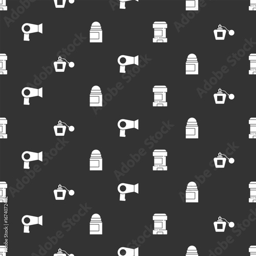 Set Antiperspirant deodorant roll, Perfume, Hair dryer and on seamless pattern. Vector