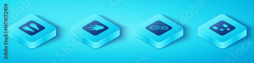 Set Isometric Rabbit and hare paw footprint, Alligator crocodile, Human footprints shoes and icon. Vector