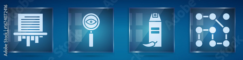 Set Paper shredder, Magnifying glass Search, Pepper spray and Graphic password protection. Square glass panels. Vector