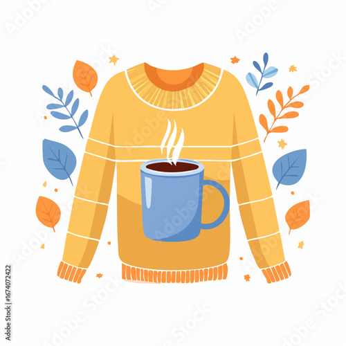 A cozy yellow autumn sweater with a steaming blue mug of a hot drink, surrounded by colorful fall leaves.