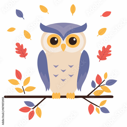 Adorable cartoon owl perched on autumn branch, surrounded by falling leaves.