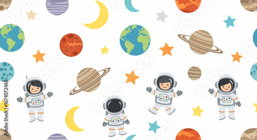 Whimsical seamless pattern of cute cartoon astronauts floating among colorful planets, stars, and moons in a hand-drawn style.