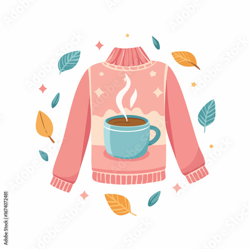 A cozy pink sweater with a steaming blue mug of coffee, surrounded by autumn leaves and sparkles.
