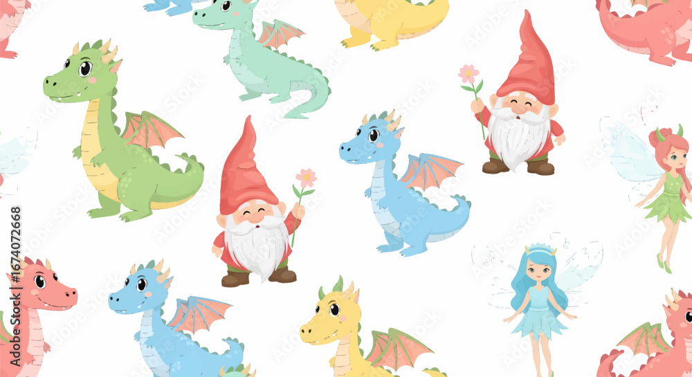 Naklejka premium Whimsical seamless pattern of cute cartoon dragons, friendly gnomes with flowers, and delicate fairies.