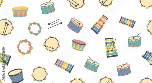 Colorful Cartoon Musical Instruments Pattern - Drums, Tambourines, Xylophones, and Sticks.