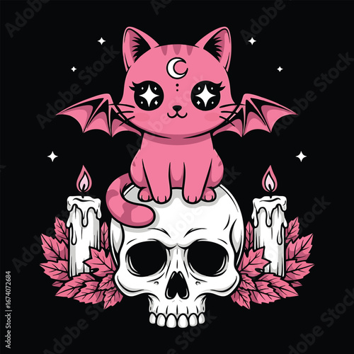 Adorable pink bat cat with a crescent moon adorning a skull and glowing candles