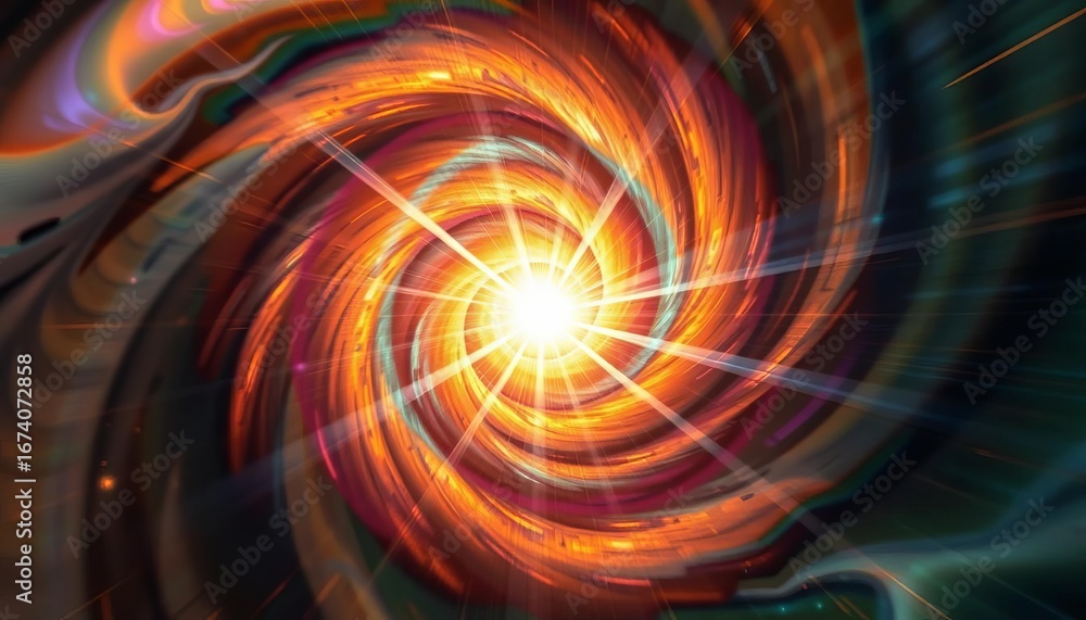 Obraz premium Abstract swirling energy vortex with radiant light beams emanating from center, cosmic, illustration