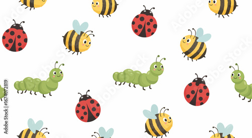 Cute Cartoon Insects Pattern with Ladybugs, Bees, and Caterpillars.