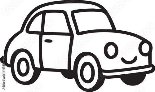Cartoon car vector with smiling face, black and white outline illustration for kids, transport, education and playful design