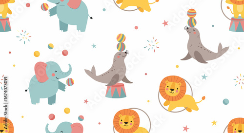 Cute Cartoon Circus Animals Seamless Pattern with Performing Elephant, Lion, and Sea Lion.
