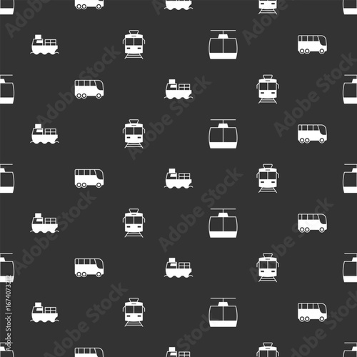 Set Cable car, Bus, Cargo ship with boxes delivery and Tram and railway on seamless pattern. Vector