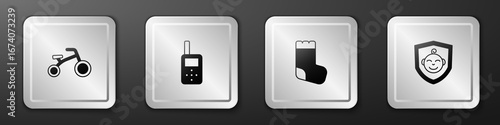Set Bicycle for kids, Baby monitor walkie talkie, socks and shield icon. Silver square button. Vector