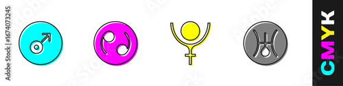 Set Mars symbol, Cancer zodiac, Symbol Pluto and Uranus icon. Vector